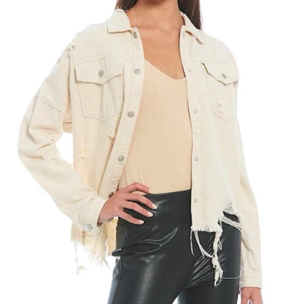 GB Fray Hem Destroyed Cream Denim Jacket